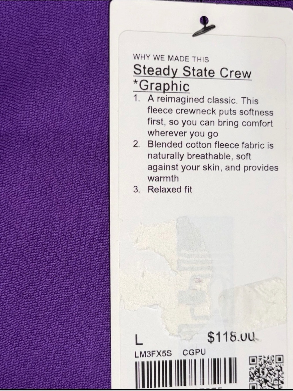 NWT LULULEMON MENS LARGE STEADY STATE CREW SWEATSHIRT*GRAPHIC PURPLE RETAIL $118 - Picture 5 of 15